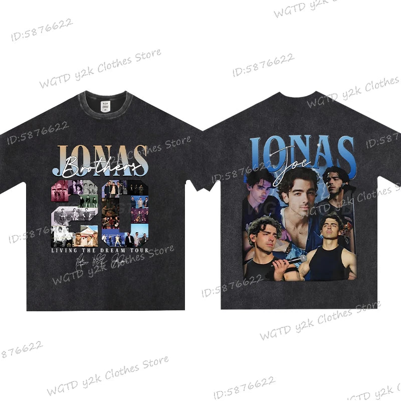 Vintage Jonas Bros 20th Annivesary Tour 2025 Print T-Shirt Short Sleeve Washed Tee Summer Women Men Shirt Casual Cotton Clothing
