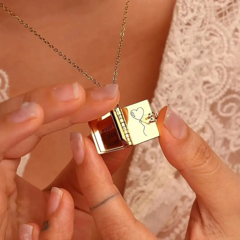 Openable Daughter Book Necklace Stainless Steel Gold Color Message Mini Book Pendant Necklace with Pages of Engraved Information