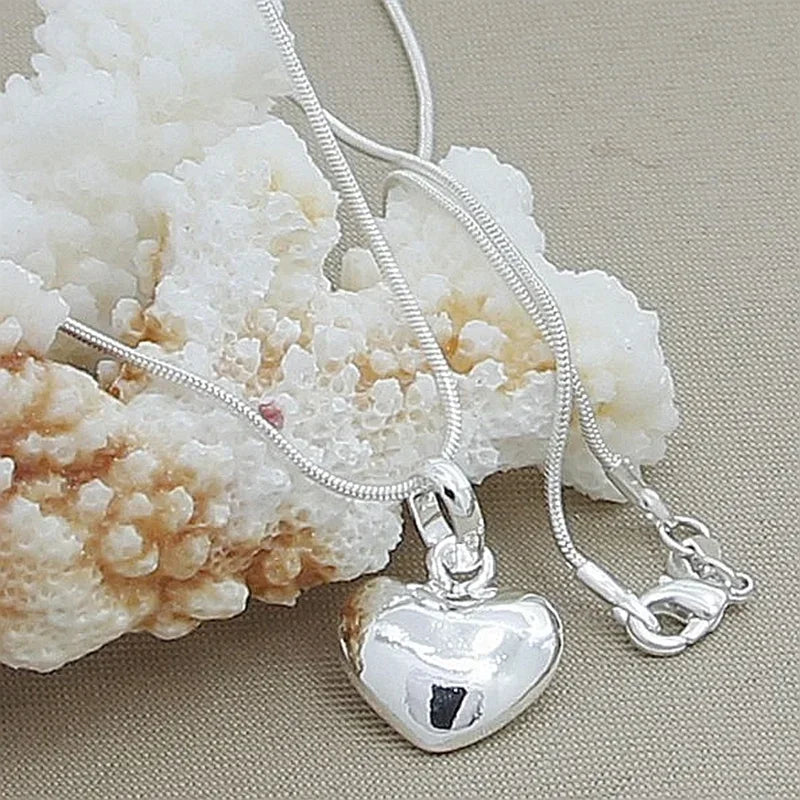 Silver Color Solid Small Heart Pendant Necklace 16-30 Inch Snake Chain For Women Wedding Charm Fashion Jewelry GIFTS
