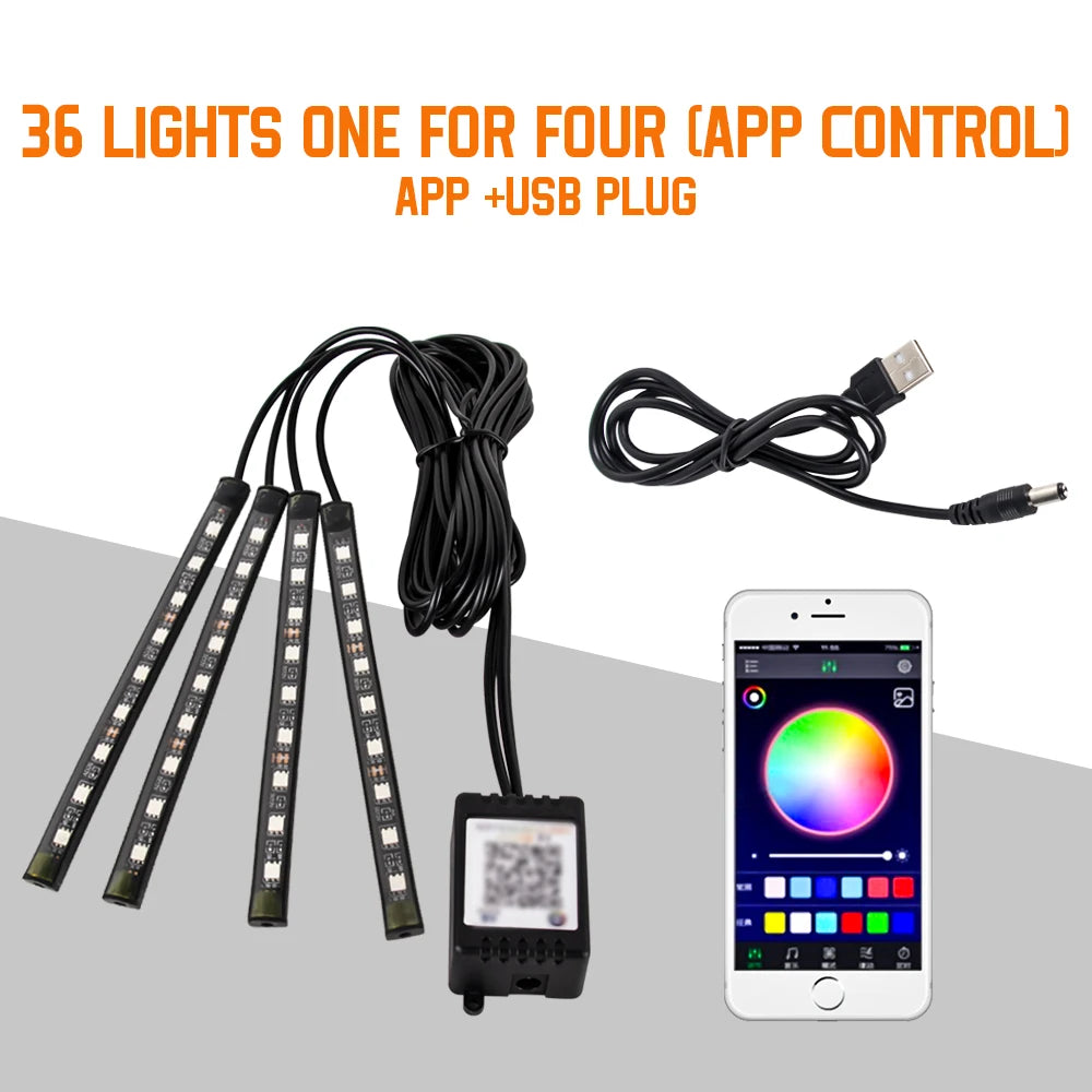 RGB Automotive Atmosphere Decorative Lamp Led Interior Light Strip Car Foot Ambient Lights with USB Cigarette with Remote Voice