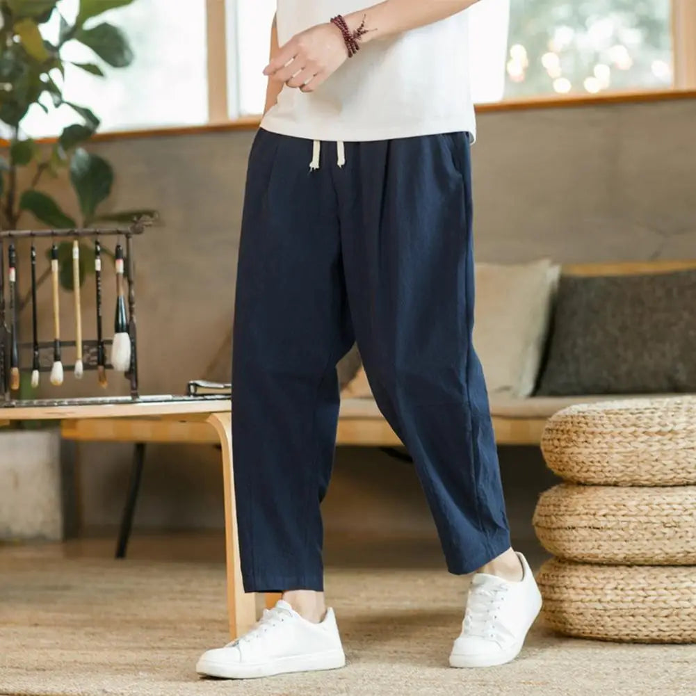Men Cropped Trousers Men Casual Pants Men's Loose Straight Drawstring Ninth Pants with Elastic Waist Pockets Solid for Daily