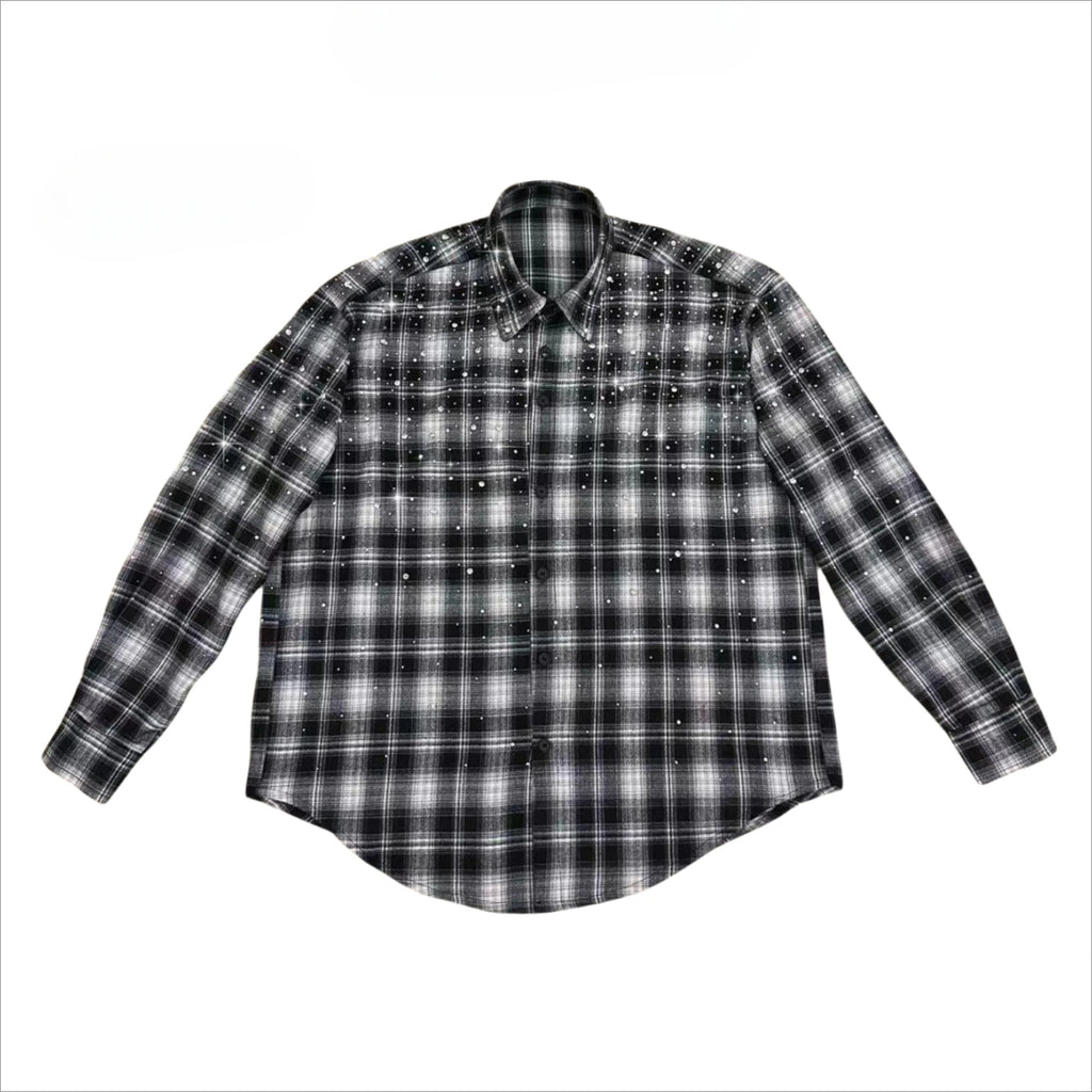 Male Original 2024 Autumn New Hot Diamond Beads Diamond Plaid Men's Women's Long-sleeve Shirts Trendy Light Luxury Shirts Jacket