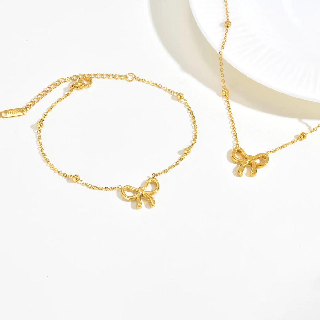 Vnox Sweet Bowknot Necklaces Finger Band Ear Jewelry, Gold Plated Simple Metal Knot Collar, Fashion Gift to Mom Girlfriend
