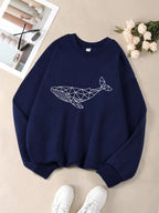 Simple Sketch Whale Printing Sweatshirts Womens Fleece Warm Casual Hoodies Crewneck Loose Pullover Winter Comfortable Clothes