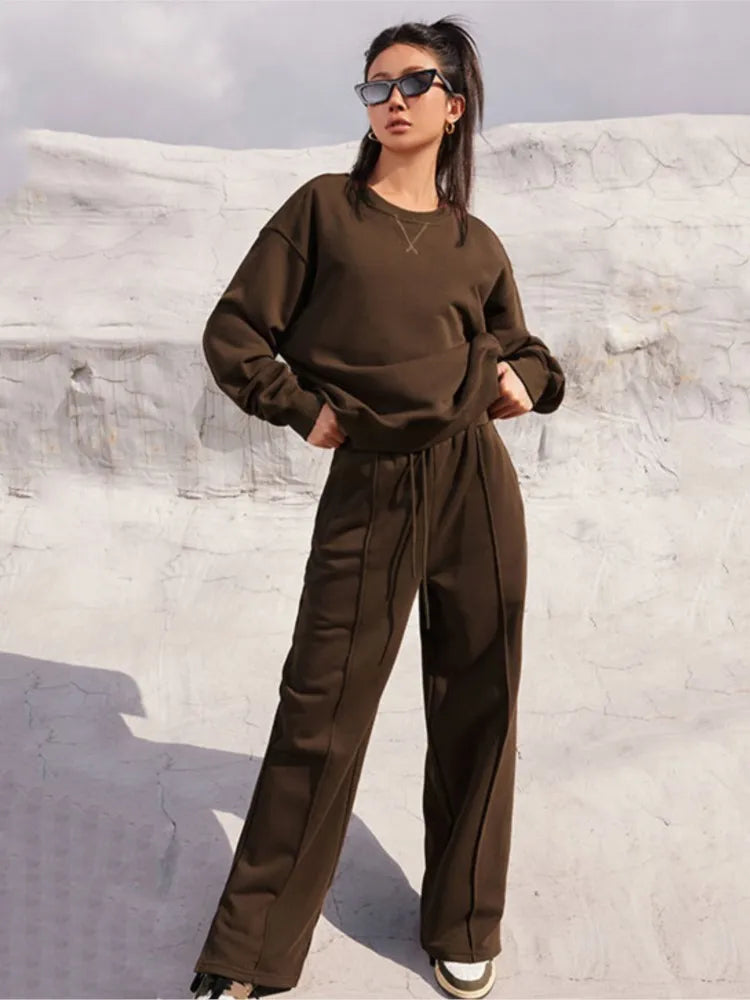 Women Fall Fashion Tracksuits Casual Long Sleeved Pullover Sets Two Piece Set Spring Solid Color Round Neck Pullover Pants Suits