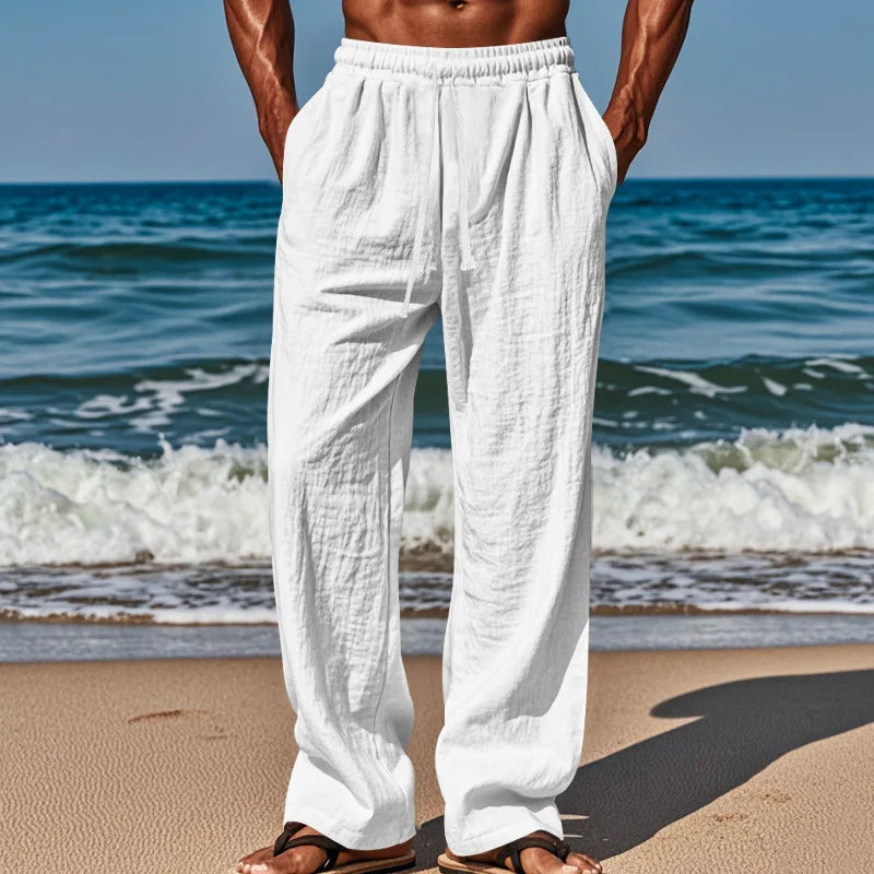 Spring Summer Thin Cotton Linen Loose Pants for Men Casual Elastic Waistband Solid Color Trousers Plus Size Beach Pants Man