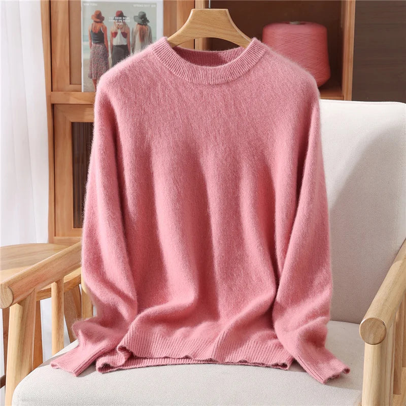 Women's 100% Mink Cashmere Sweater Crewneck Pullover Sweater Fleece Knitted Premium Clothing Winter Warm Long Sleeve Pullover