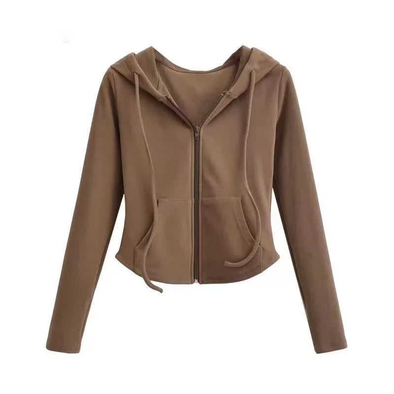 Spicy Girl Style Hooded Cardigan Sweatshirt Women's Spring Autumn Slimming Long Sleeve Cropped Top Trendy Waist-fitted