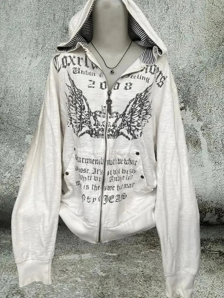 Y2k Emo Women Vintage Streetwear Letter Print Hoodie Punk Zip Up Hoodies Graphic Oversized Sweatshirt Goth Harajuku Alt Clothes