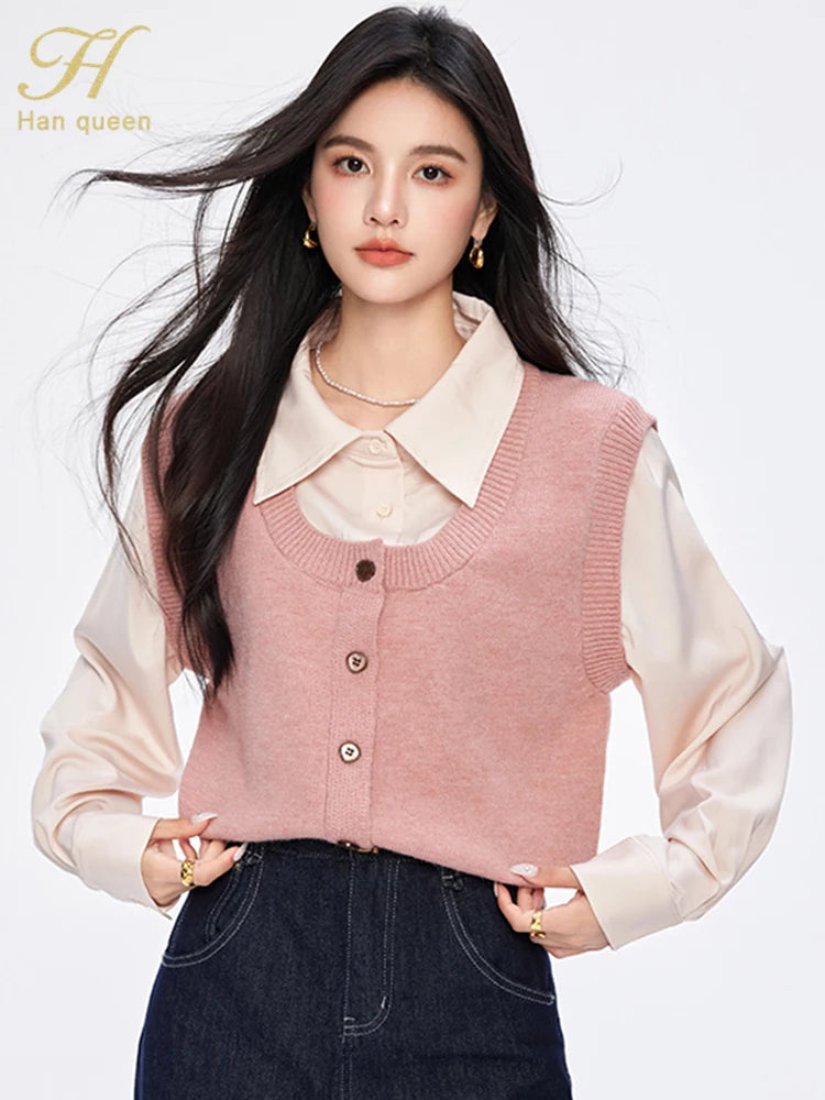 H Han Queen Pullover Sweaters Women Pink Fashion Buttons Elegant Patchwork Knitwear Simple Office Casual Sweater Reviews