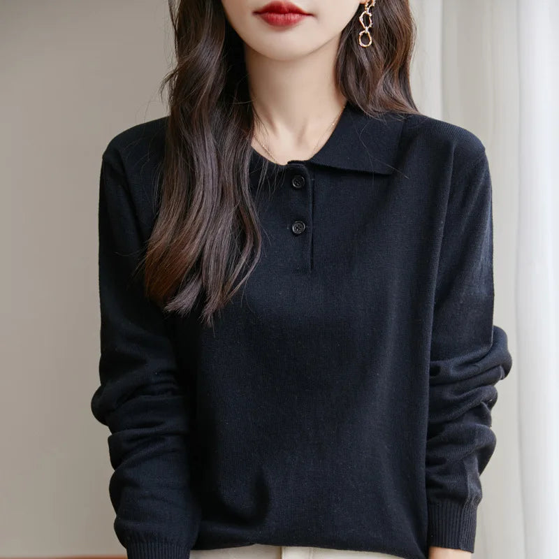 New Women Pure Cotton Sweater Polo Collar Pullover Casual Solid Color Knitwear Long Sleeve Autumn Winter Bottoming Clothing Tops