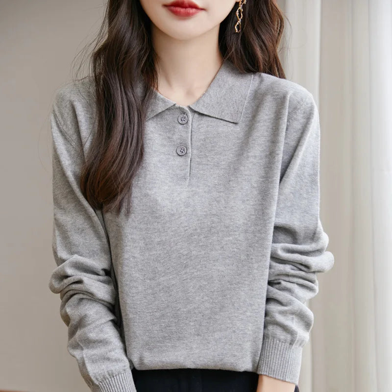 New Women Pure Cotton Sweater Polo Collar Pullover Casual Solid Color Knitwear Long Sleeve Autumn Winter Bottoming Clothing Tops
