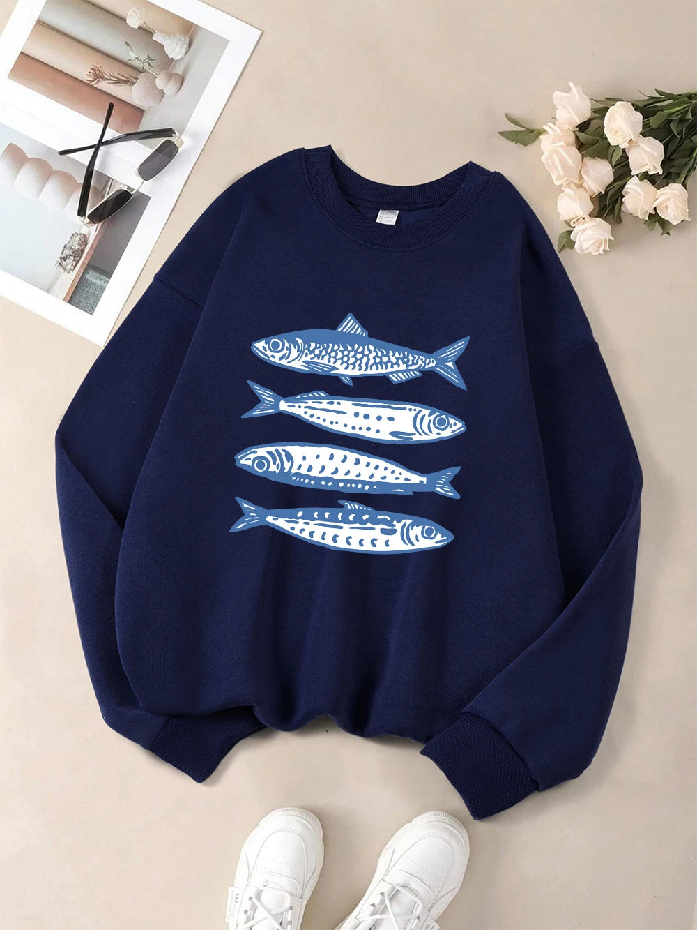 Sardines Blue Printing Sweatshirts Womens Crewneck Basics Hoodies Loose Fleece Warm Pullover Winter Comfortable Womans Clothes