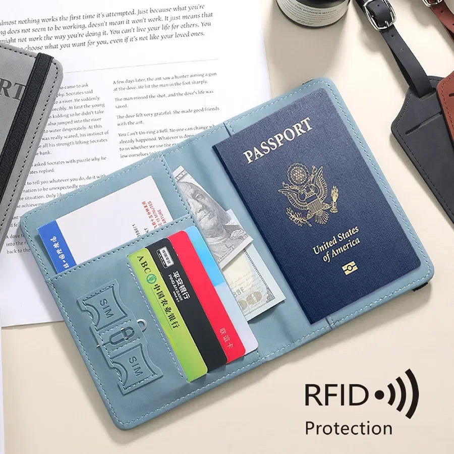 Anti-theft RFID Protection PU Leather Passport Holder Multifunctional Document Travel Wallet with Luggage Tag and Boarding Pass