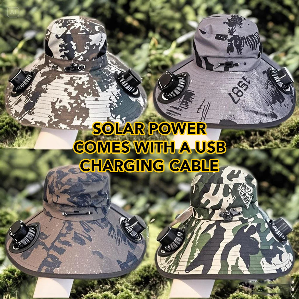 Solar Fan Hat Summer Camouflage Sun Bucket Hat for Men Women Outdoor Mountaineering Sunshade Fisherman Hat with Dual Cooling Fan