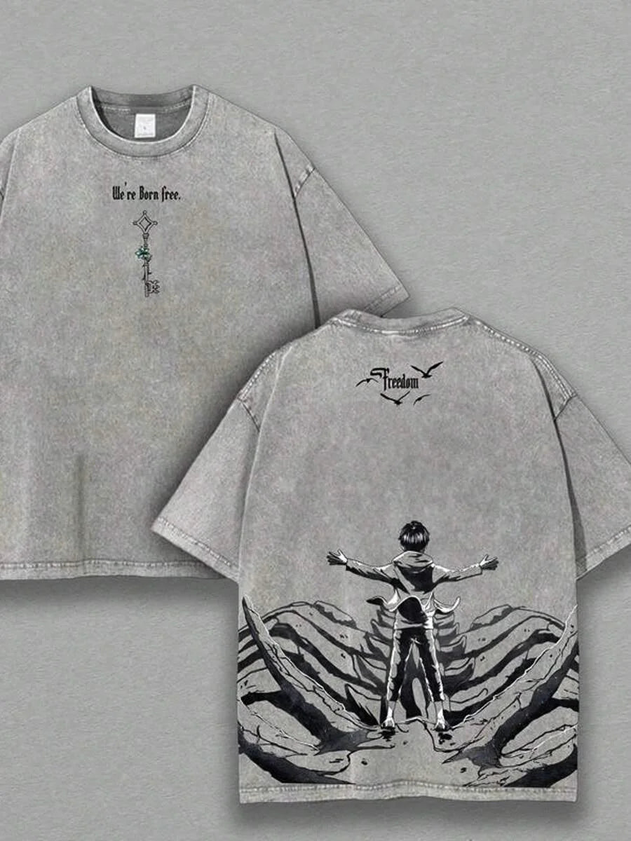 Eren Jaeger Freedom Graphic Tee Attack On Titan Manga Clothing Men Women Cotton T-shirts Retro Washed Tshirt Harajuku T Shirt