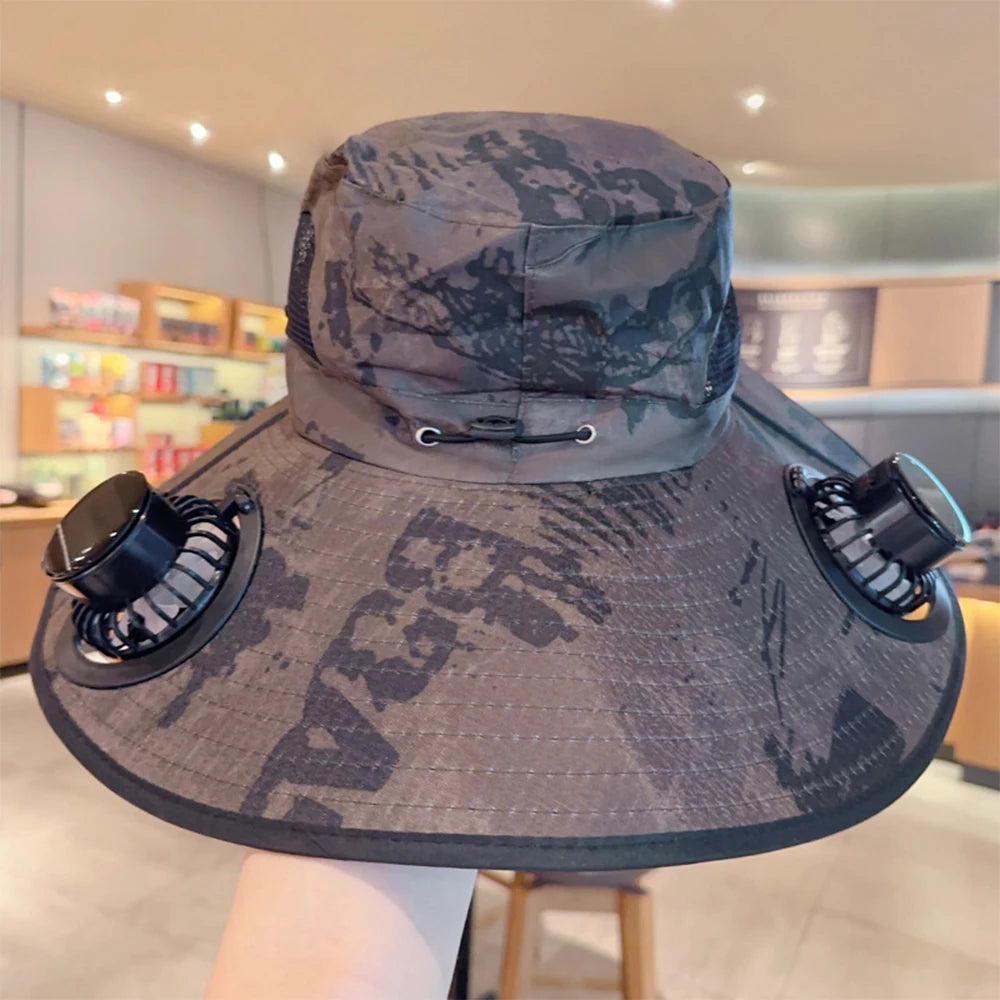 Solar Fan Hat Summer Camouflage Sun Bucket Hat for Men Women Outdoor Mountaineering Sunshade Fisherman Hat with Dual Cooling Fan