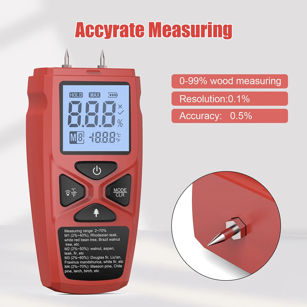 Two-Pin Digital Wood Moisture Meter High-Precision Timber Paper Humidity Tester LCD Display Bamboo Damp Detector