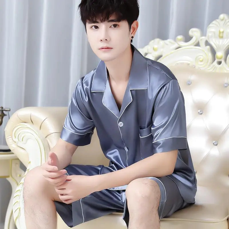 Summer Men's New Ice Silk Pajamas Homewear Suit Men's Thin Short-Sleeved Shorts Loose Large Size Youth Fashion Leisure Suit