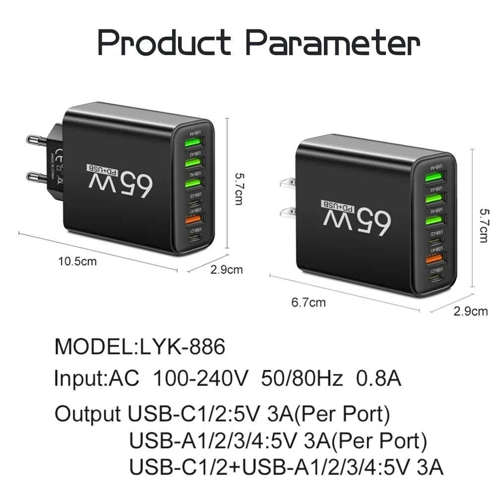 6 Ports 65W USB PD Charger Fast Charging Type C Phone Charger Adapter For iPhone Samsung Xiaomi USB C Quick Charge Wall Charger