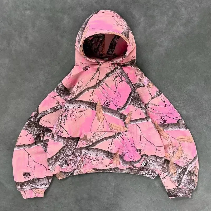 Y2K Retro Hoodie Men Pink Branch Print Camouflage Pattern Sweatshirt High Street Hip Hop Streetwear Goth Camo Hoodie Unisex Coat