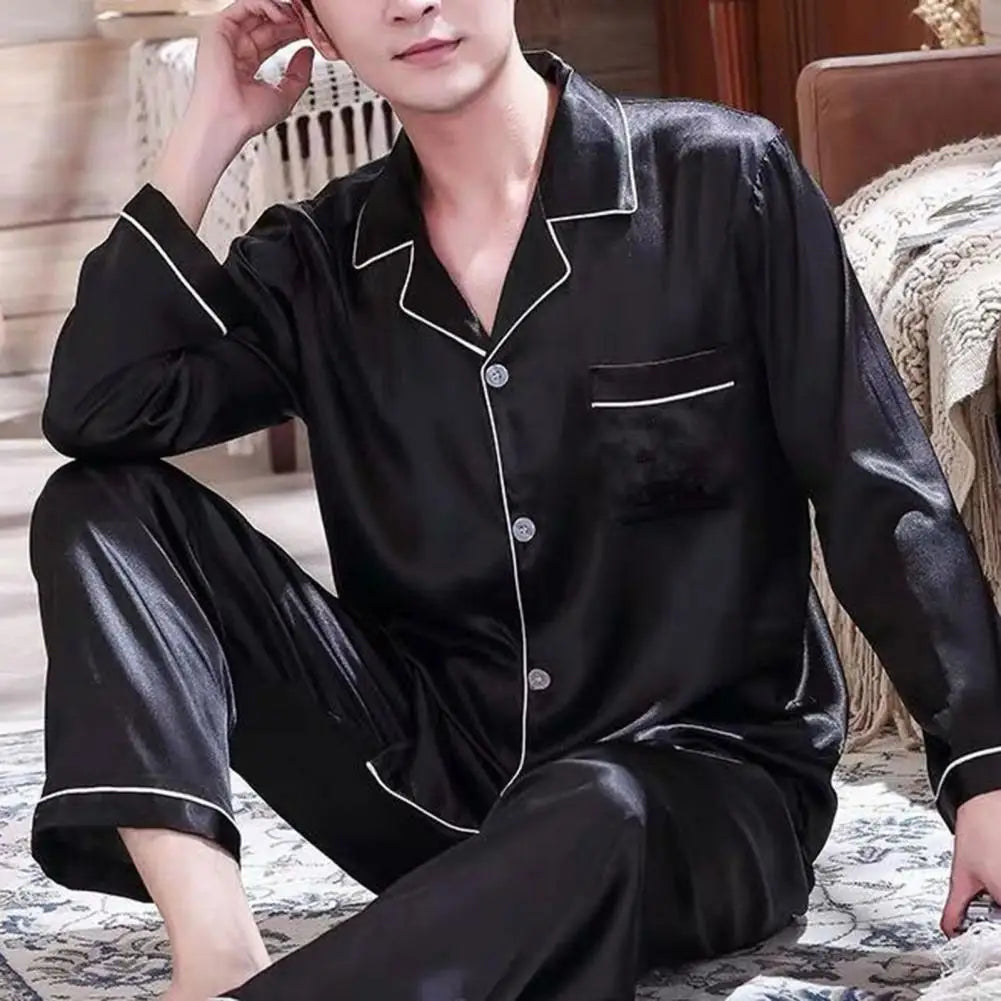 1 Set Men Sleepwear Solid Color Long Sleeved Single Breasted Home Wear Ice Silk Loose Plus Size Pajamas Set For Home