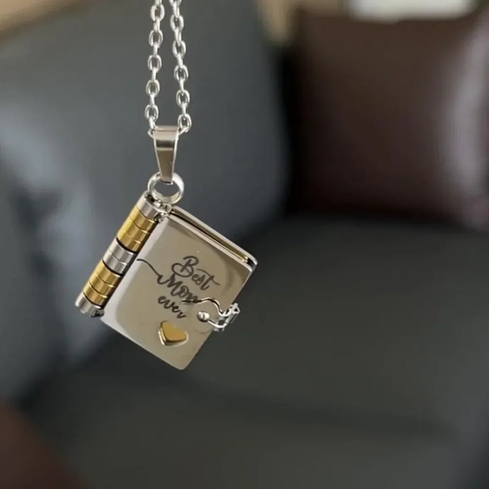 Openable Daughter Book Necklace Stainless Steel Gold Color Message Mini Book Pendant Necklace with Pages of Engraved Information