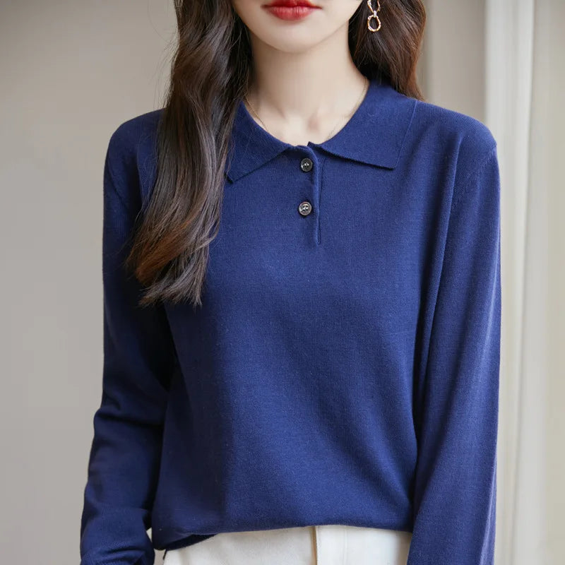 New Women Pure Cotton Sweater Polo Collar Pullover Casual Solid Color Knitwear Long Sleeve Autumn Winter Bottoming Clothing Tops