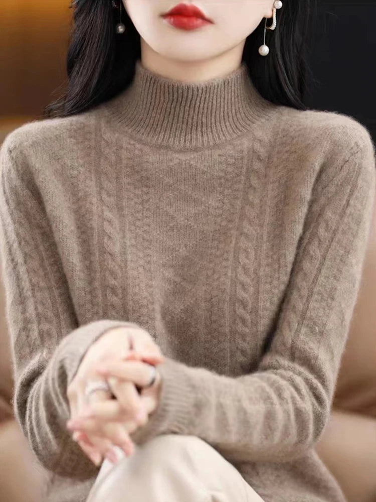 Chic Autumn Winter Soft Sophisticated Sweater Women's Mock Neck Pullover 100% Merino Wool Knitwear Solid Color Casual Tops