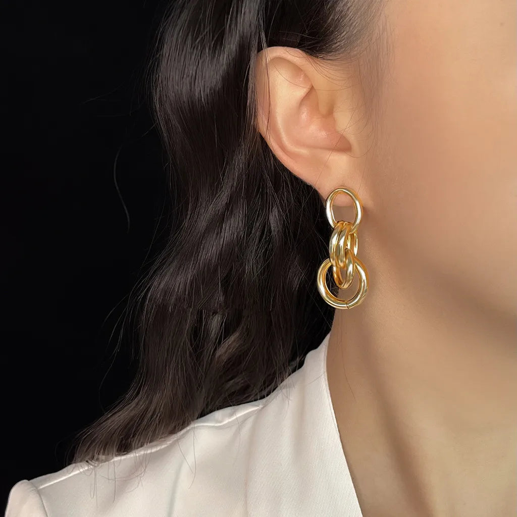 Gold Color Circle Linked Drop Earrings for Women Classic Round Metal Pendant Statement Earring Girl Party Jewelry