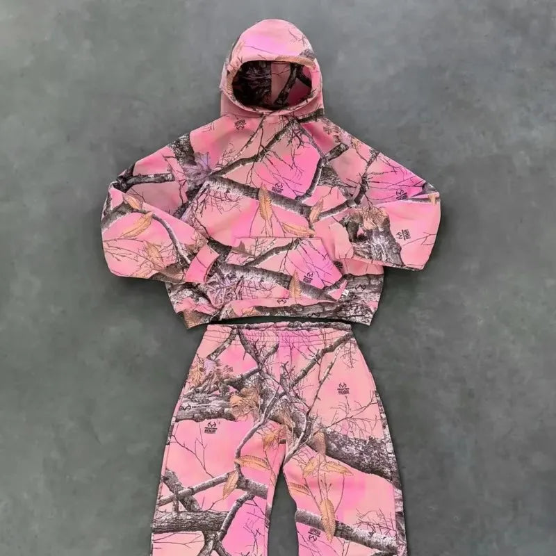 Y2K Retro Hoodie Men Pink Branch Print Camouflage Pattern Sweatshirt High Street Hip Hop Streetwear Goth Camo Hoodie Unisex Coat