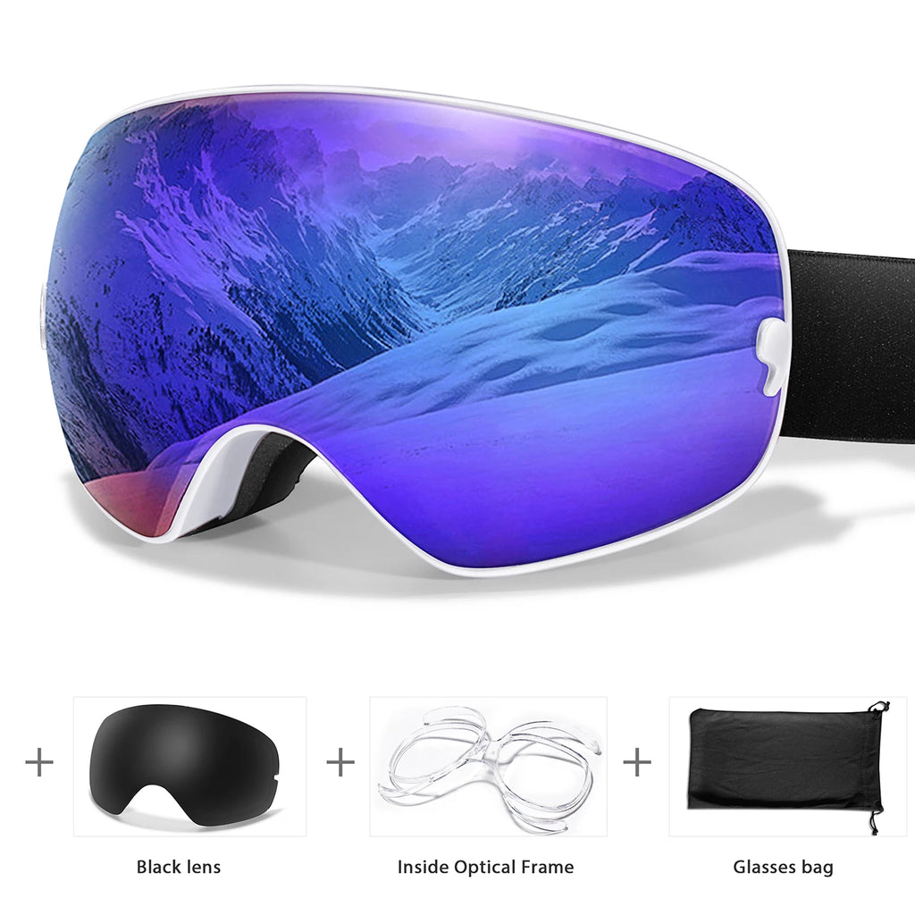 Ourdoor Sports Teen Men Women Ski Goggles-Anti-fog UV400 Eyewear, Christmas and New Year Gift, Free Black Lens and Optical Frame