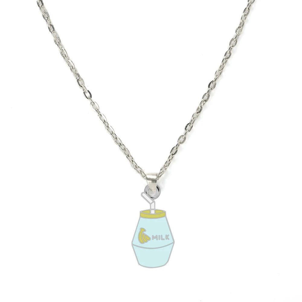 Cartoon Banana Milk Bottle Pendant Necklace with Lobster Clasp Protect Gold Silver Color Alloy Chain Jewelry Gift for Girl Women
