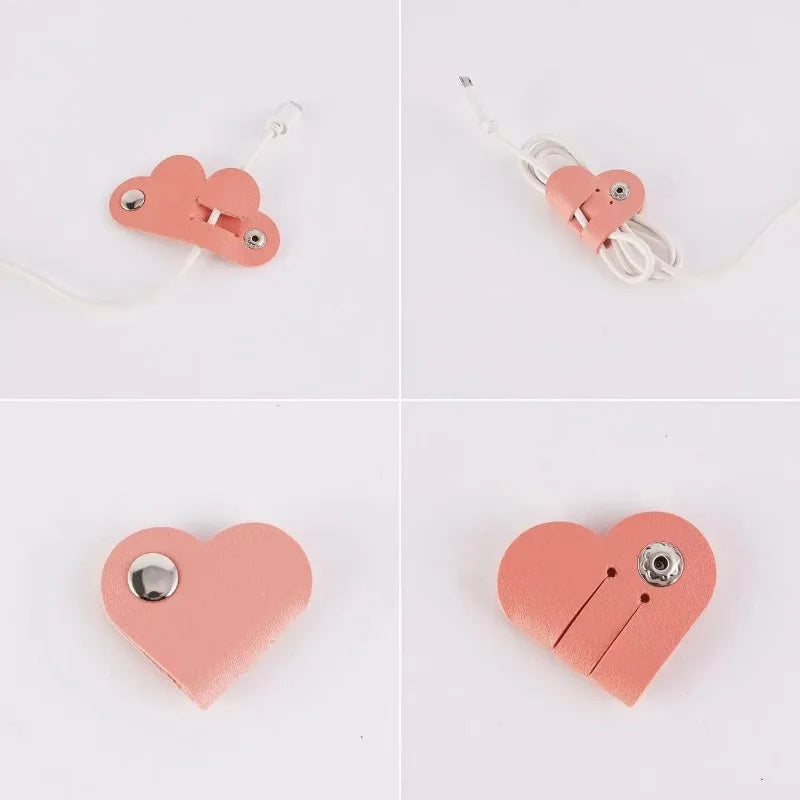 Heart-Shaped Faux Leather Cable Cord Winder Organizer Cable Management Clips for Headphones