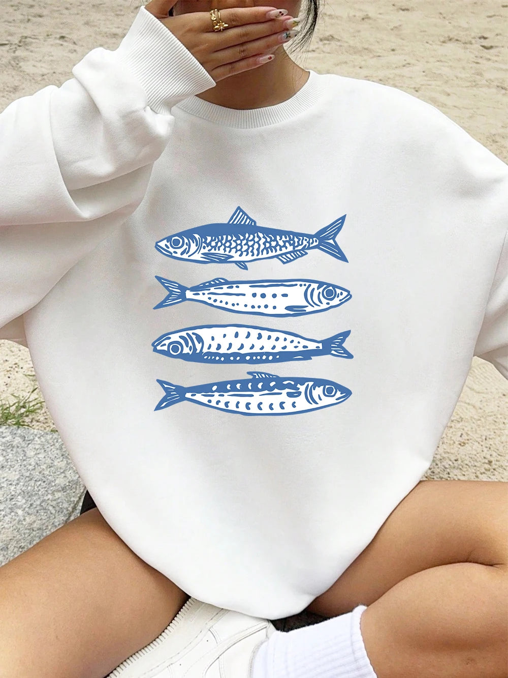 Sardines Blue Printing Sweatshirts Womens Crewneck Basics Hoodies Loose Fleece Warm Pullover Winter Comfortable Womans Clothes