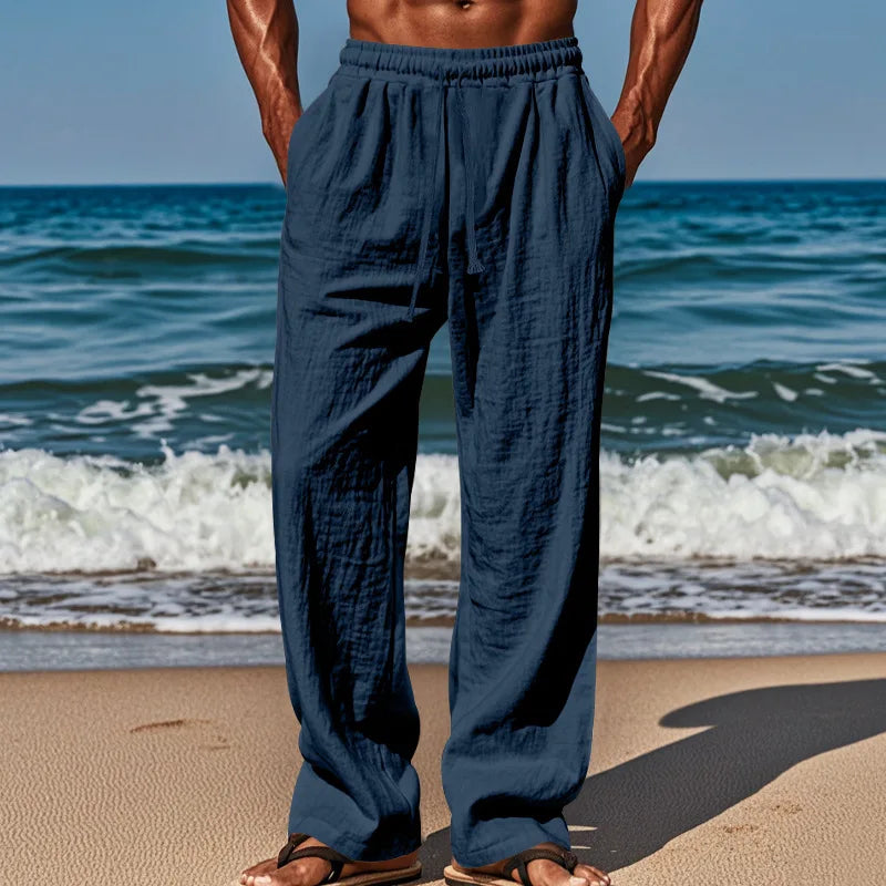 Spring Summer Thin Cotton Linen Loose Pants for Men Casual Elastic Waistband Solid Color Trousers Plus Size Beach Pants Man