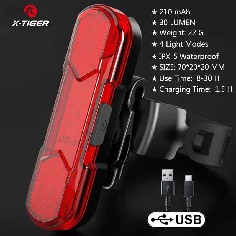 X-TIGER Bicycle Rear Light Waterproof MTB Bicycle Light USB Charge LED Bicycle Taillight Flash Tail Safety Bike Warning Light