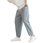Men Cropped Trousers Men Casual Pants Men's Loose Straight Drawstring Ninth Pants with Elastic Waist Pockets Solid for Daily