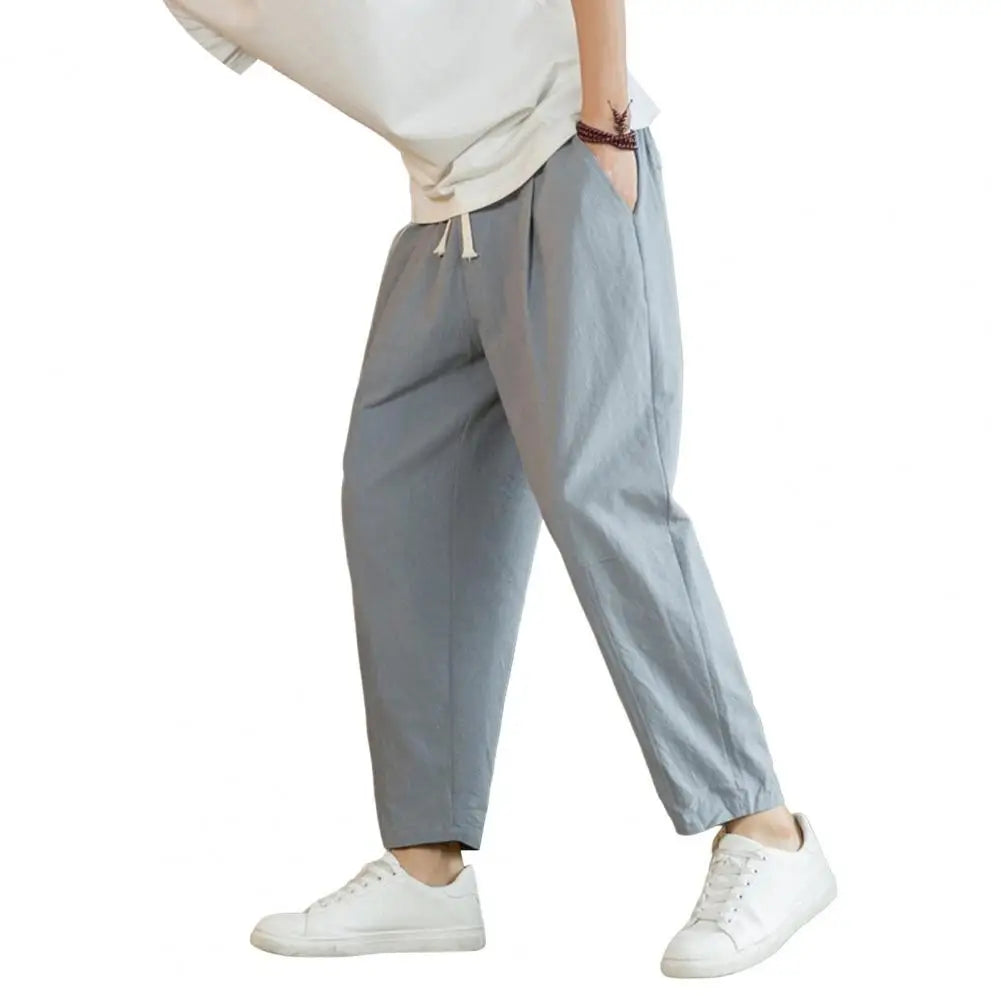 Men Cropped Trousers Men Casual Pants Men's Loose Straight Drawstring Ninth Pants with Elastic Waist Pockets Solid for Daily