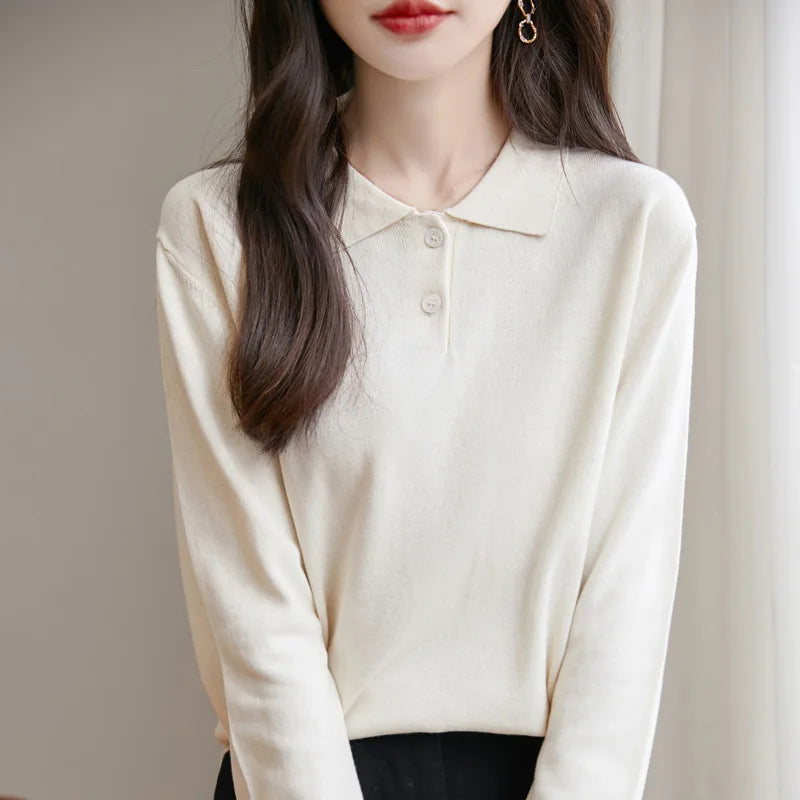 New Women Pure Cotton Sweater Polo Collar Pullover Casual Solid Color Knitwear Long Sleeve Autumn Winter Bottoming Clothing Tops