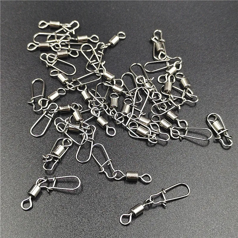 50pcs/lot Fishing Connector  2# 4# 6# 8# 10# Pin Bearing Rolling Swivel Stainless Steel With Snap Fishhook Lure Tackle