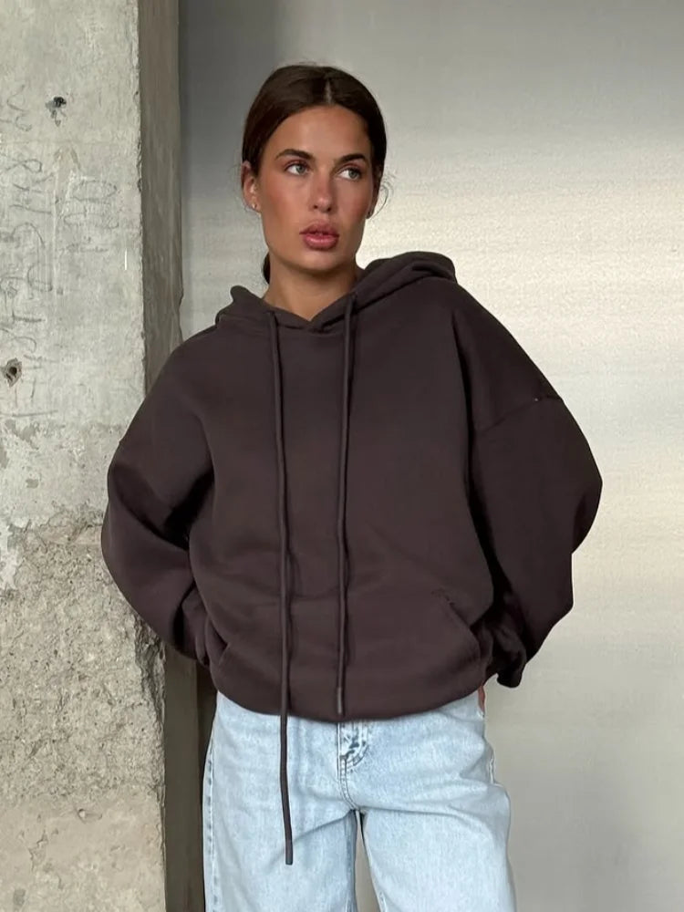 Women Solid Drawstring Hooded Sweatshirt Casual Long Sleeve Loose Pockets Pullover 2025 Autumn Lady Daily Street Sweatshirts