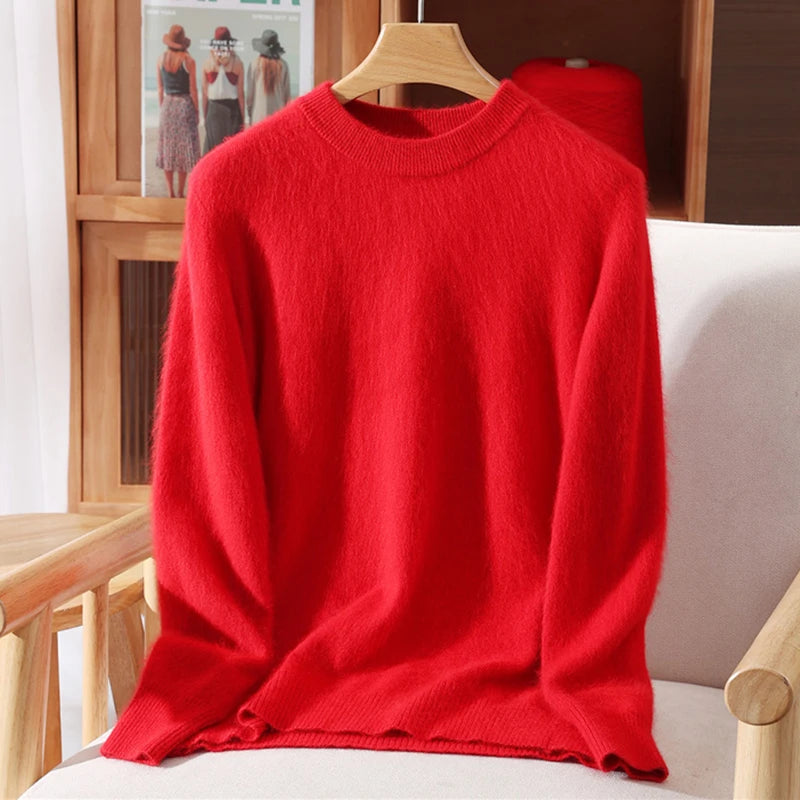 Women's 100% Mink Cashmere Sweater Crewneck Pullover Sweater Fleece Knitted Premium Clothing Winter Warm Long Sleeve Pullover