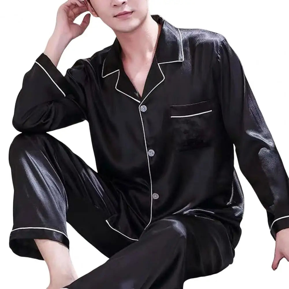 1 Set Men Sleepwear Solid Color Long Sleeved Single Breasted Home Wear Ice Silk Loose Plus Size Pajamas Set For Home
