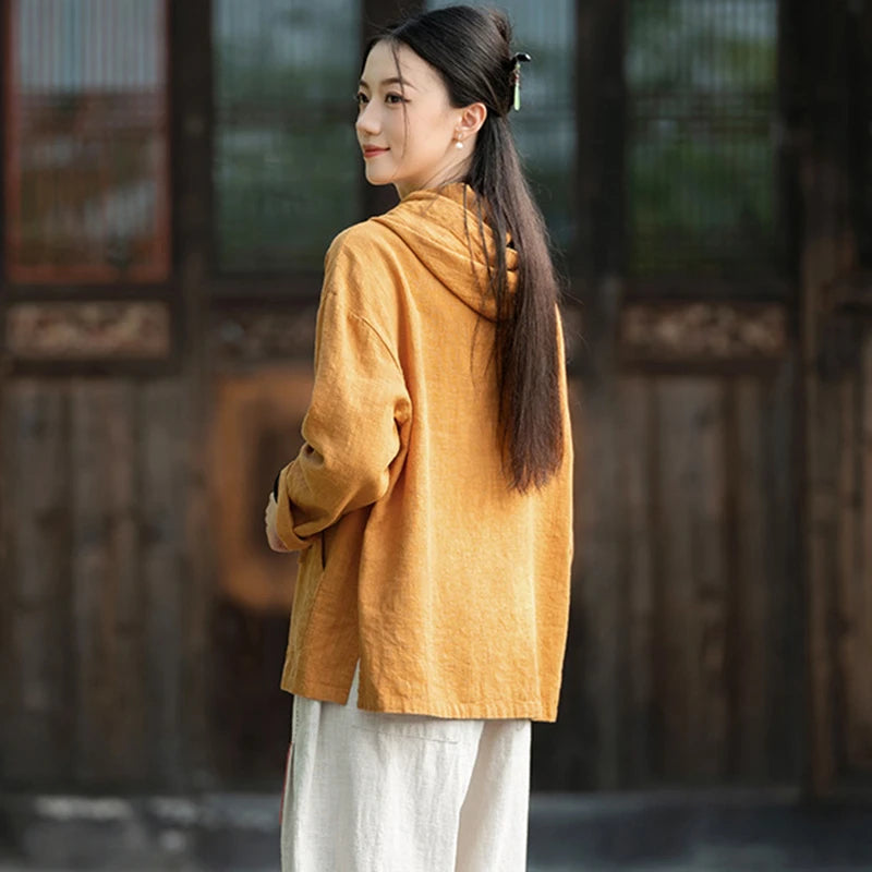 Women Cotton Linen Casual Hoodies New Arrival 2025 Autumn Vintage Style Plain Color Female Long Sleeve Hooded Pullovers M1838