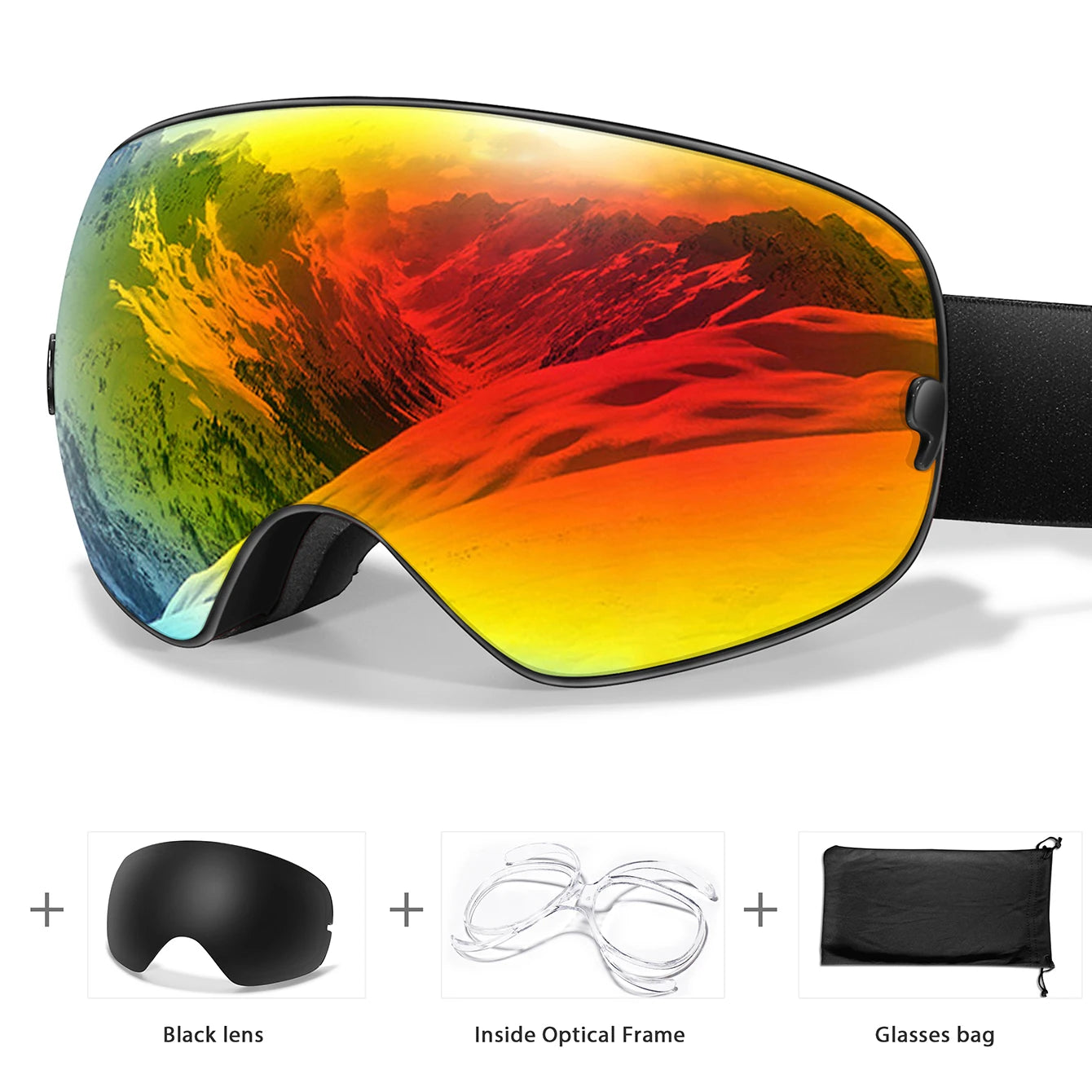 Ourdoor Sports Teen Men Women Ski Goggles-Anti-fog UV400 Eyewear, Christmas and New Year Gift, Free Black Lens and Optical Frame