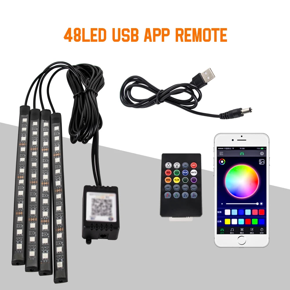 RGB Automotive Atmosphere Decorative Lamp Led Interior Light Strip Car Foot Ambient Lights with USB Cigarette with Remote Voice