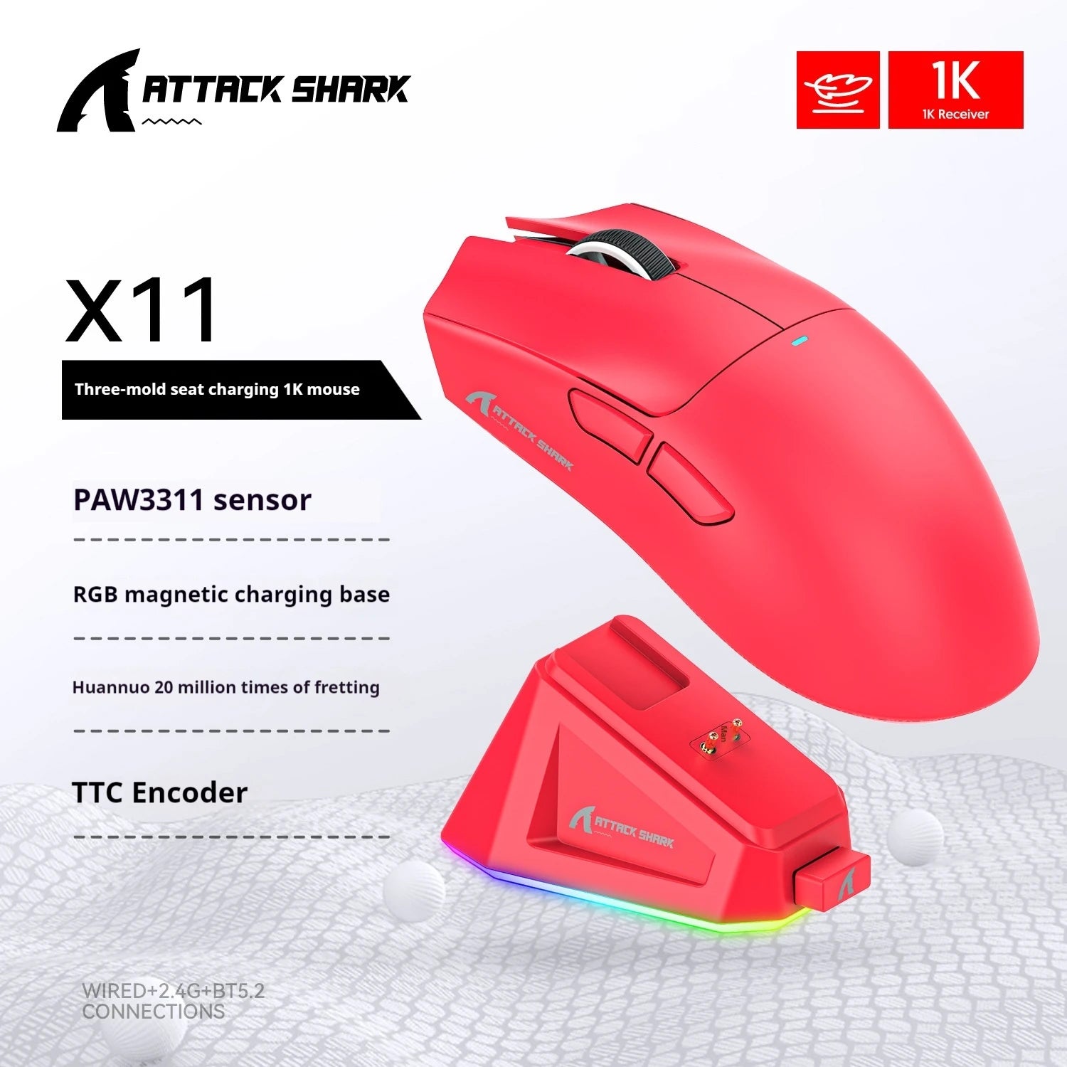 Attack Shark X11 mouse lightweight PAW3311 E-sports game the third mock examination wireless Bluetooth mouse charging RGB bottom