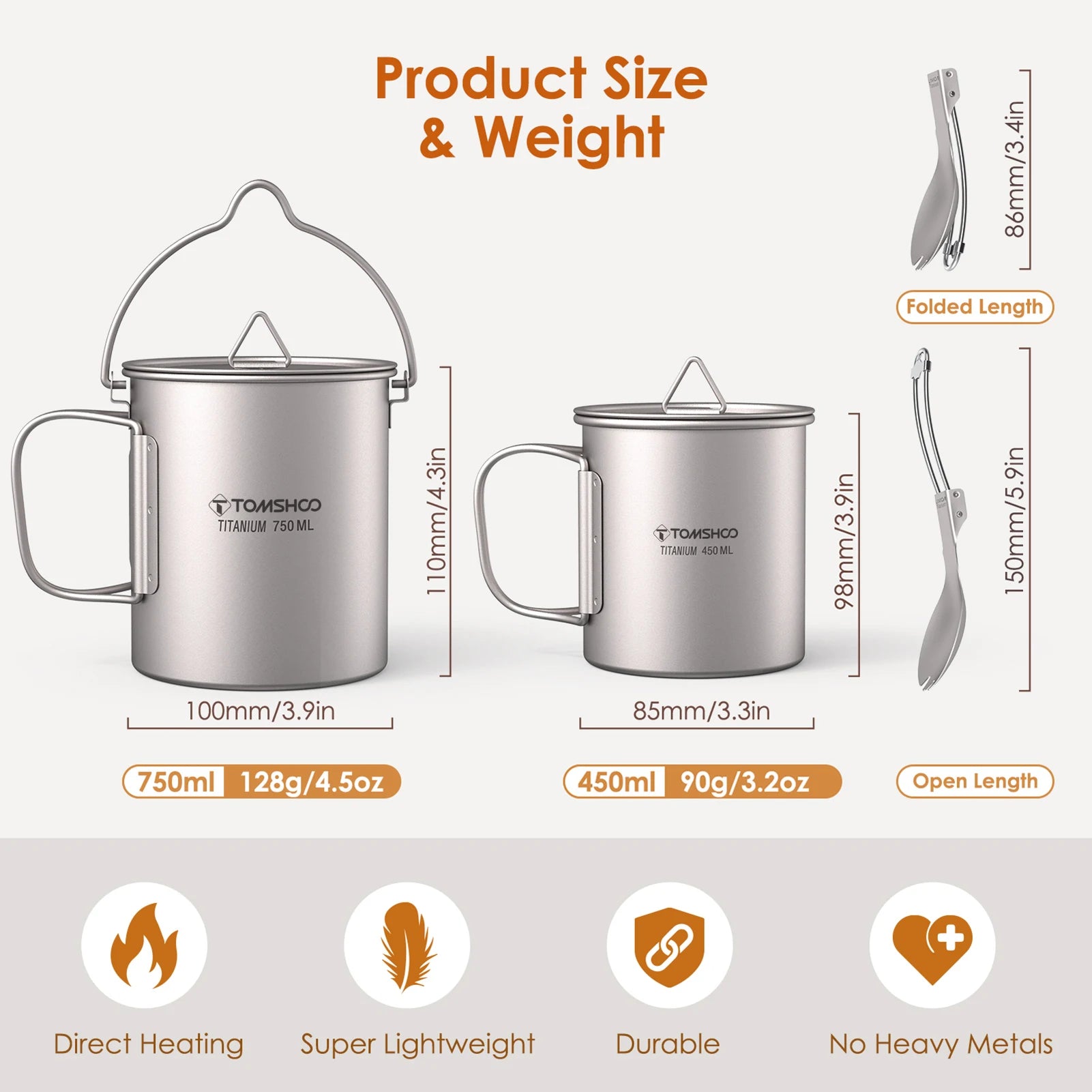 TOMSHOO Ultralight 750ml Titanium Pot Portable Titanium Water Mug Cup with Lid and Foldable Handle Outdoor Camping Cooking
