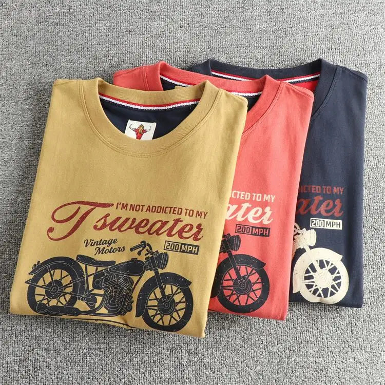 Autumn New American Retro Long-sleeved O-neck Trendy Printed Inner Cloth T-shirt Men's Fashion 100% Cotton Washed Casual Tops